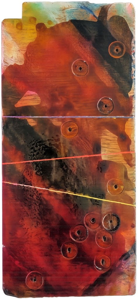 o.T. / kleines Bild im Hochformat mit freier Ecke und Linien in Rot, Gelb und Blau, 35 x 16 cm