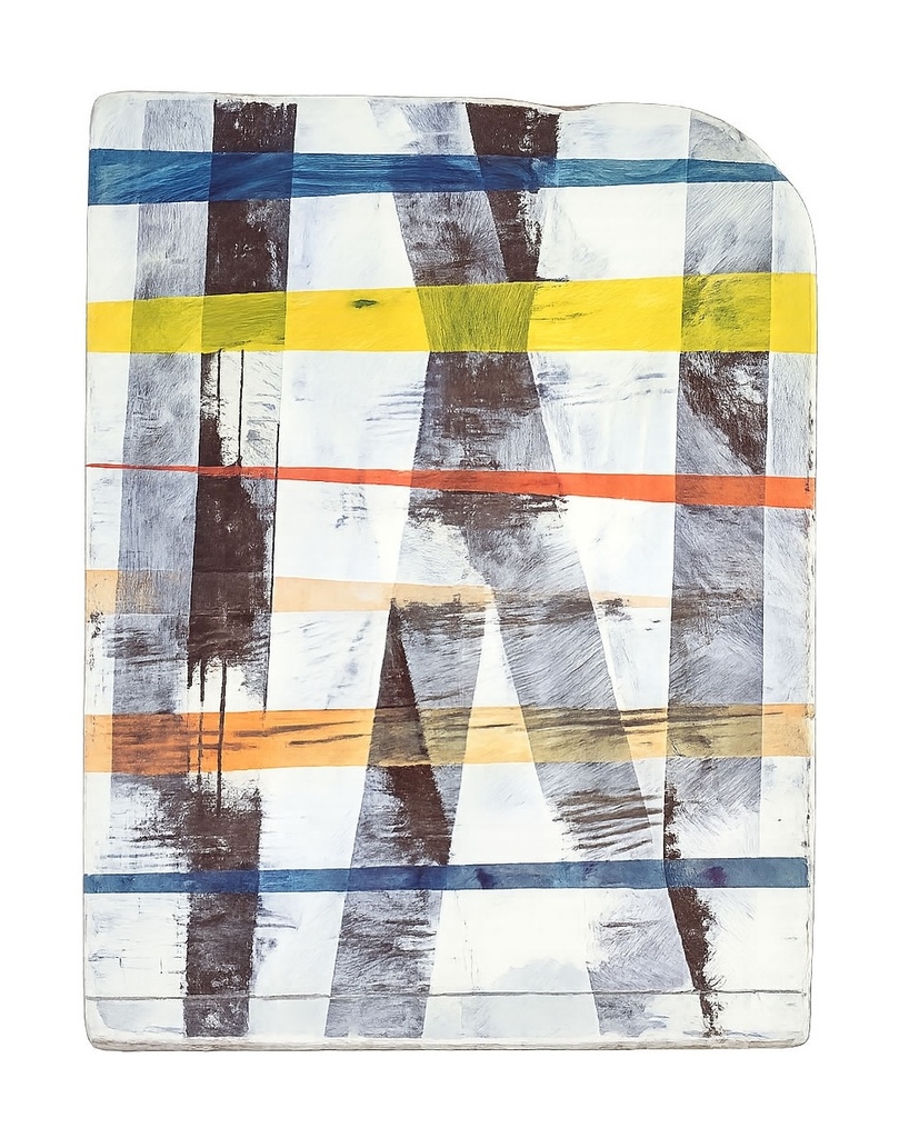 o.T. / weißes Bild mit spitz zulaufenden Linien, Öl auf Holz, 30 x 23,5 cm